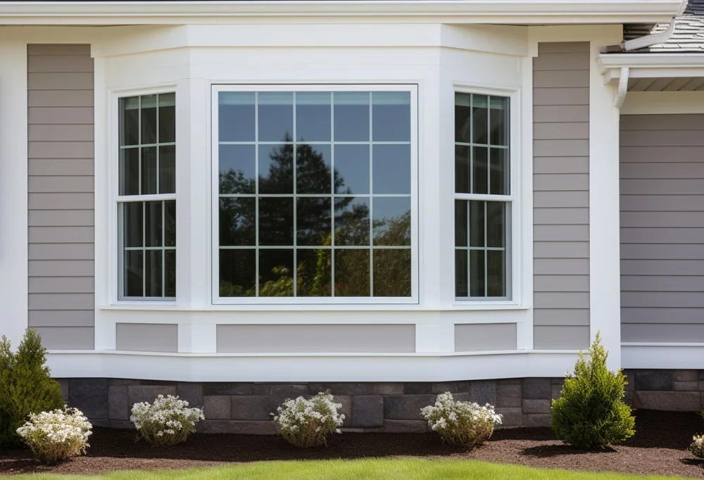 Replacement bay window with white trim and grilles on a house with gray lap siding