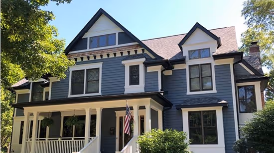 A blue house with recently finished renovations.