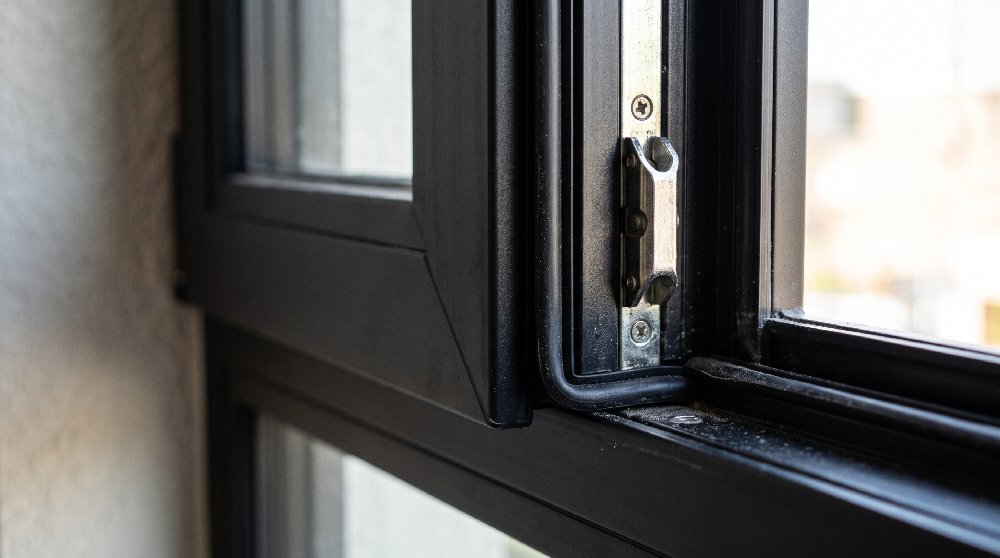Close-up of an open black window sash showing the rubber compression gasket and metal multi-point locking hardware