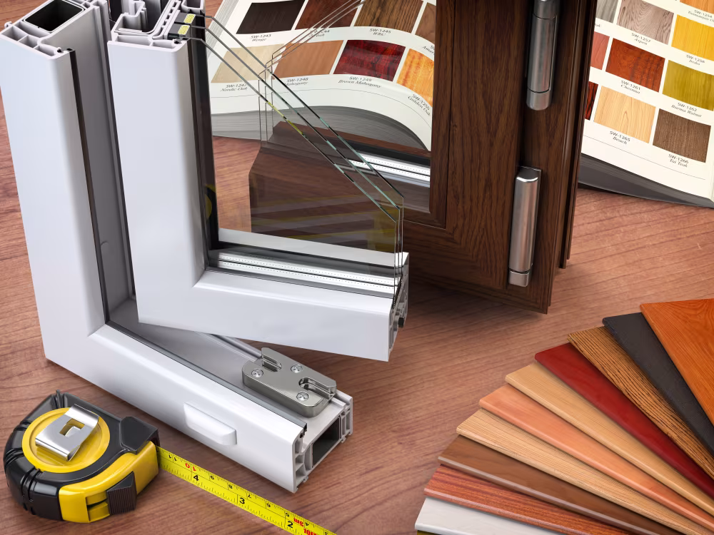 Vinyl window frame cross-section with triple glazing beside a tape measure, wood-finish samples and a color catalog