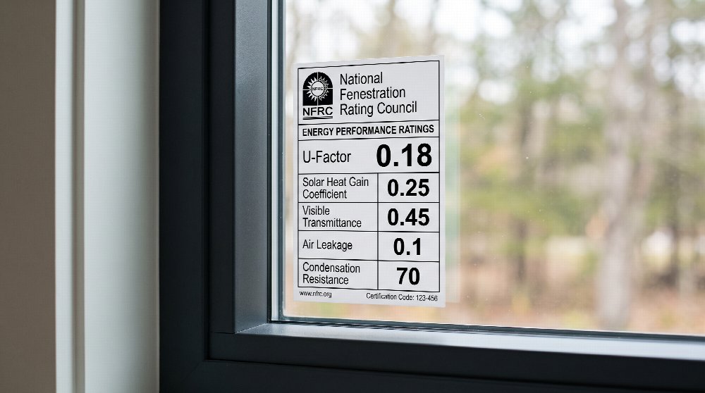 NFRC energy performance label on a window showing U-factor, solar heat gain, visible transmittance, air leakage and condensation ratings