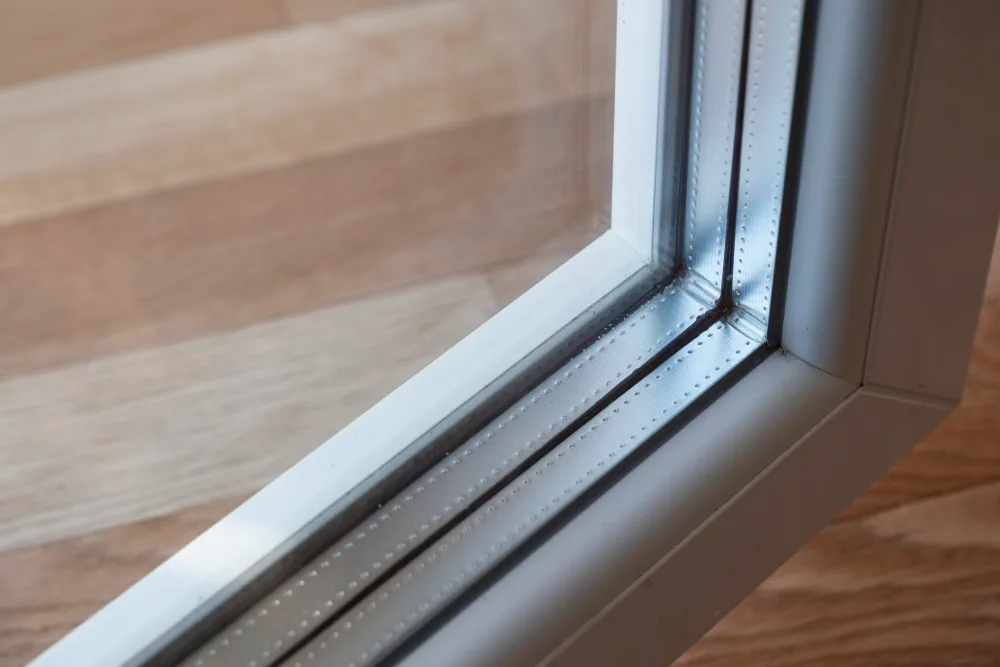Corner of a white window frame with triple-pane glass and metal spacers between the panes