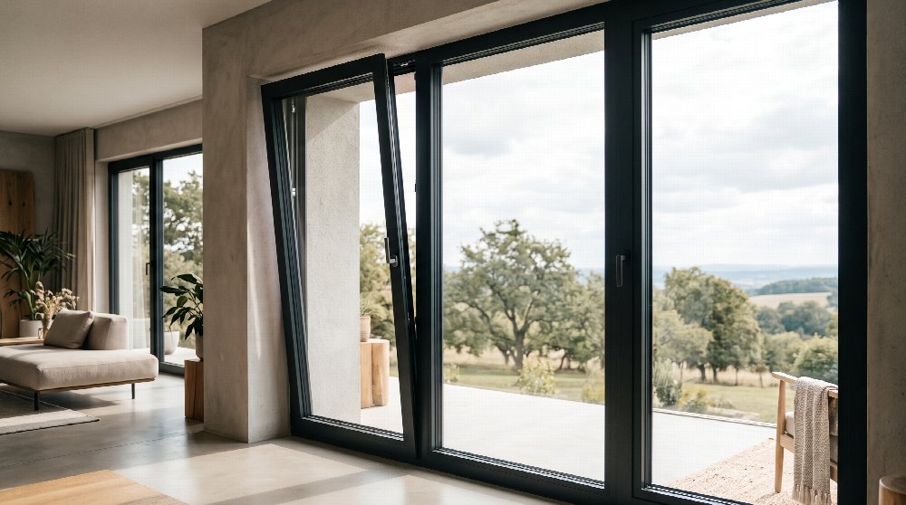 Black tilt-and-turn window tilted open at the top in a bright living room overlooking trees